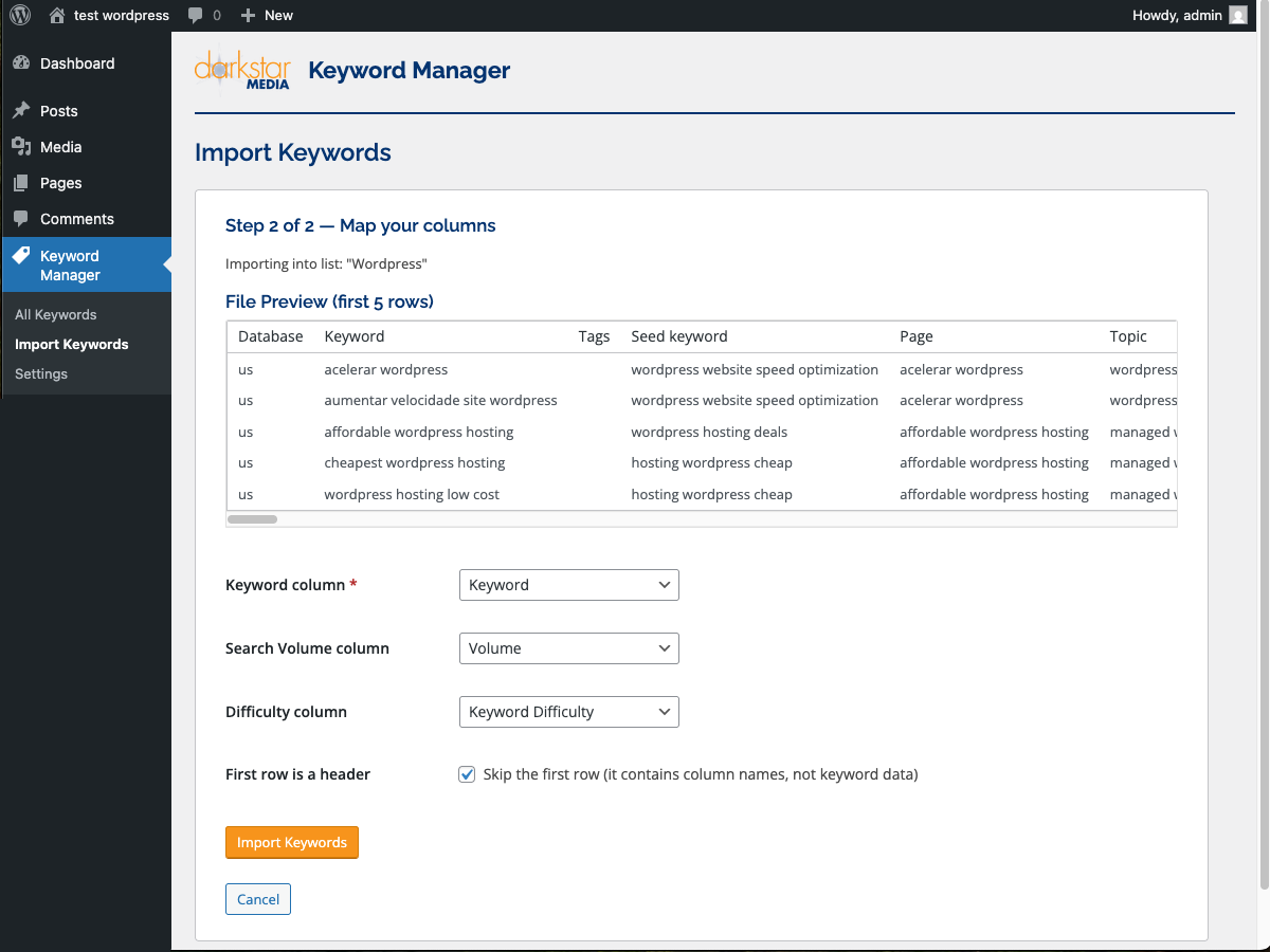 Import Step 2 — map your file columns to Keyword, Volume, and Difficulty with a live file preview