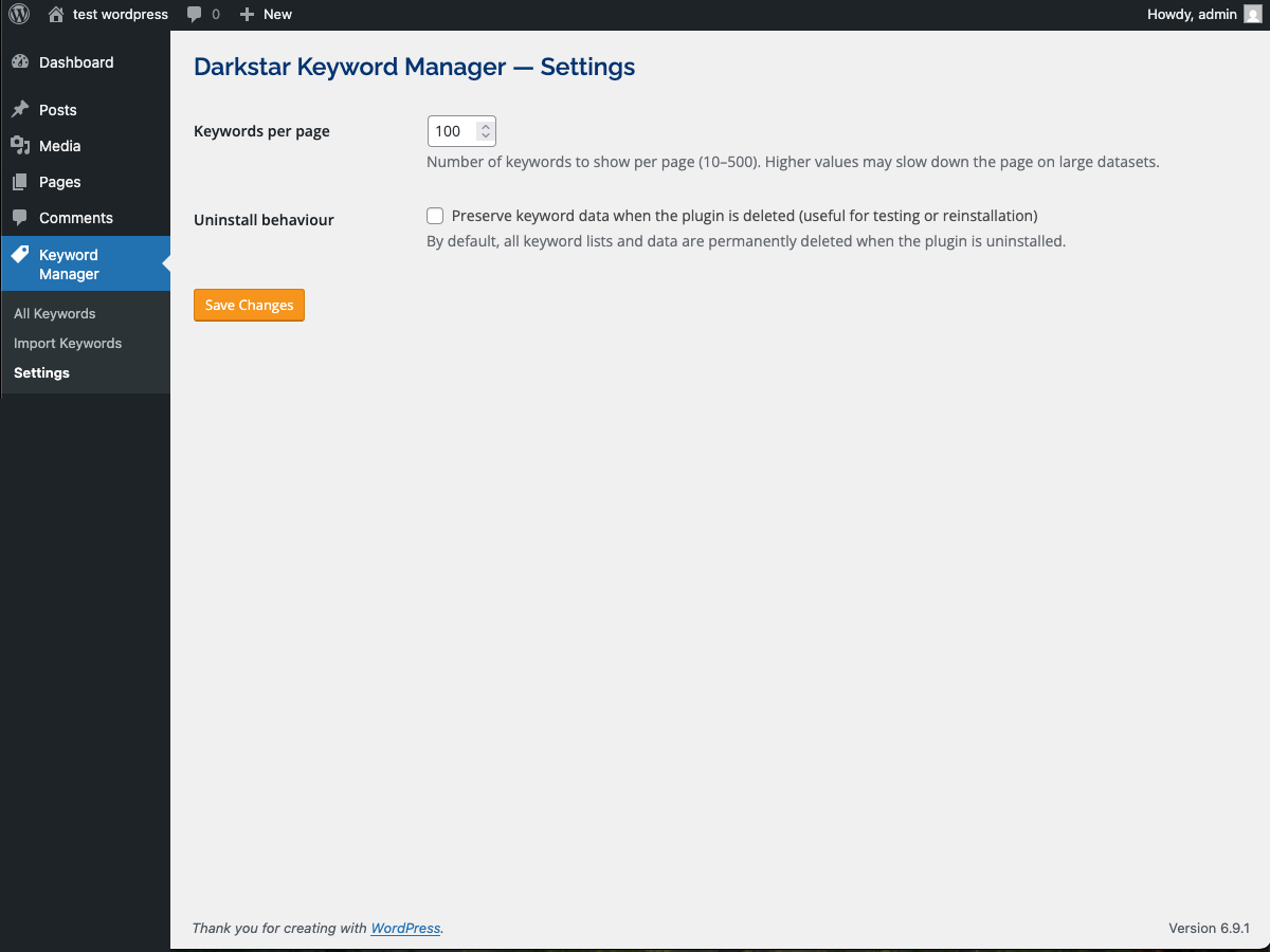 Settings — configure keywords per page and uninstall behaviour