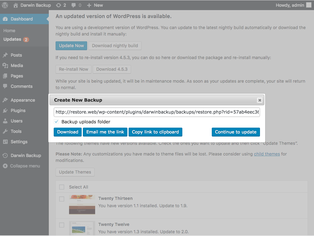 Backup before core, theme or plugin upgrade, complete