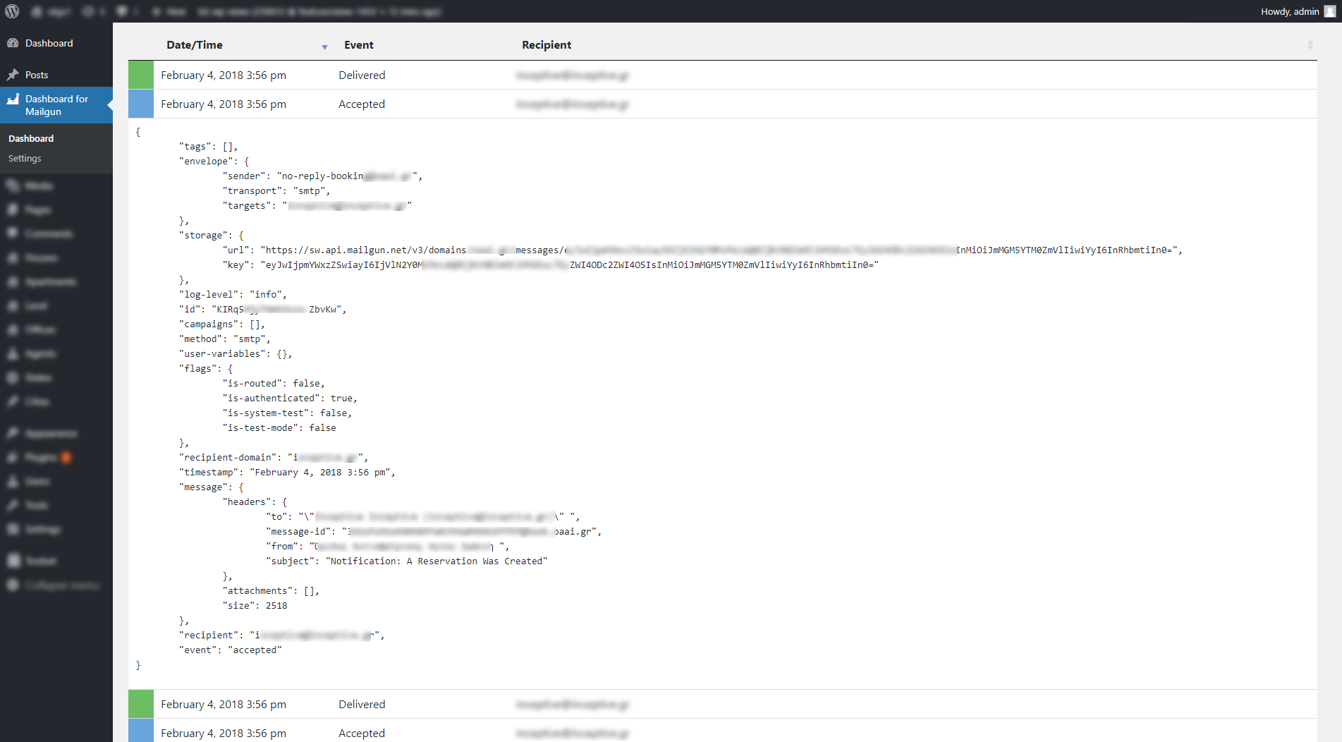 The dashboard with the Mailgun events table for the selected domain.