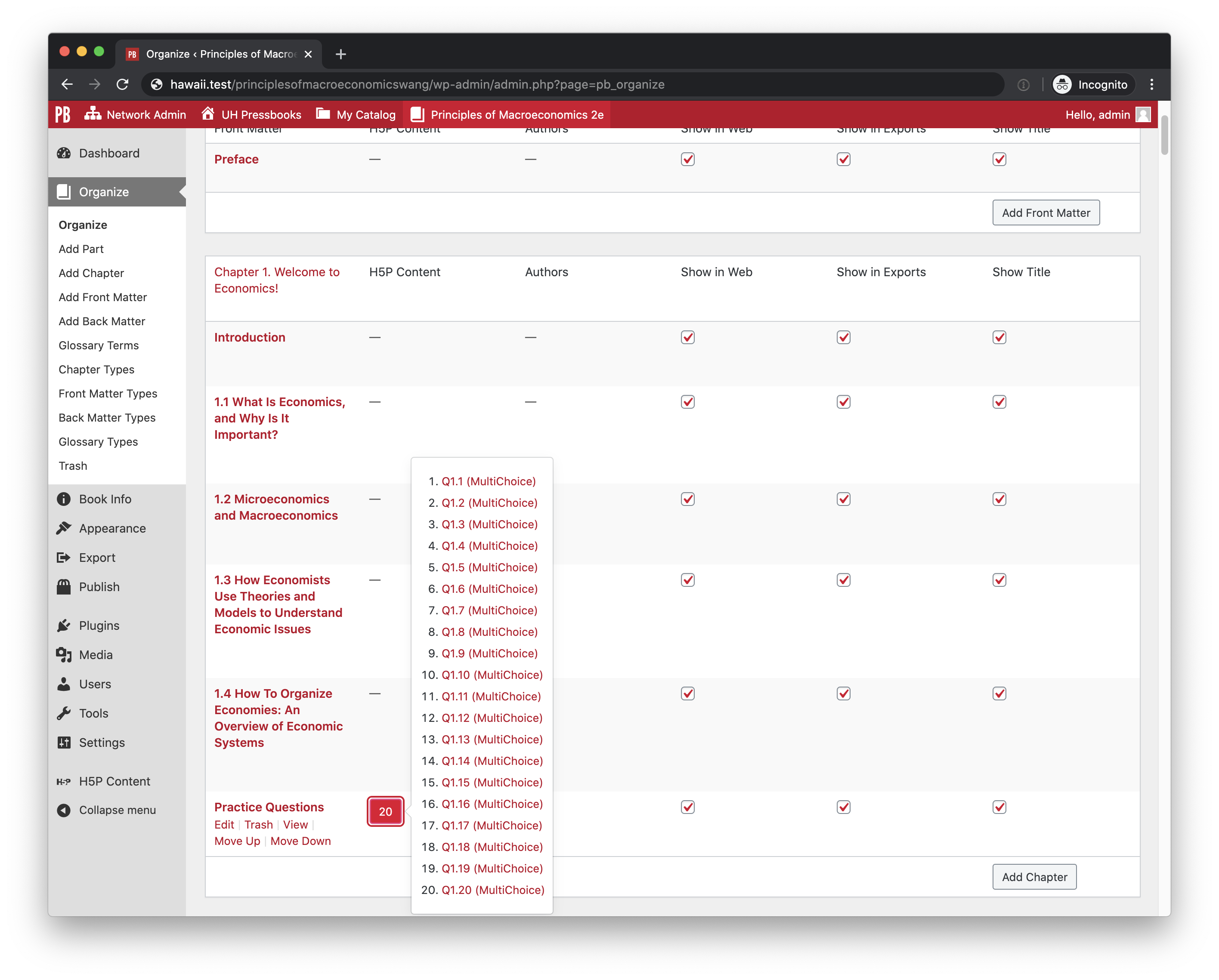 Chapter badges in the Organize dashboard.