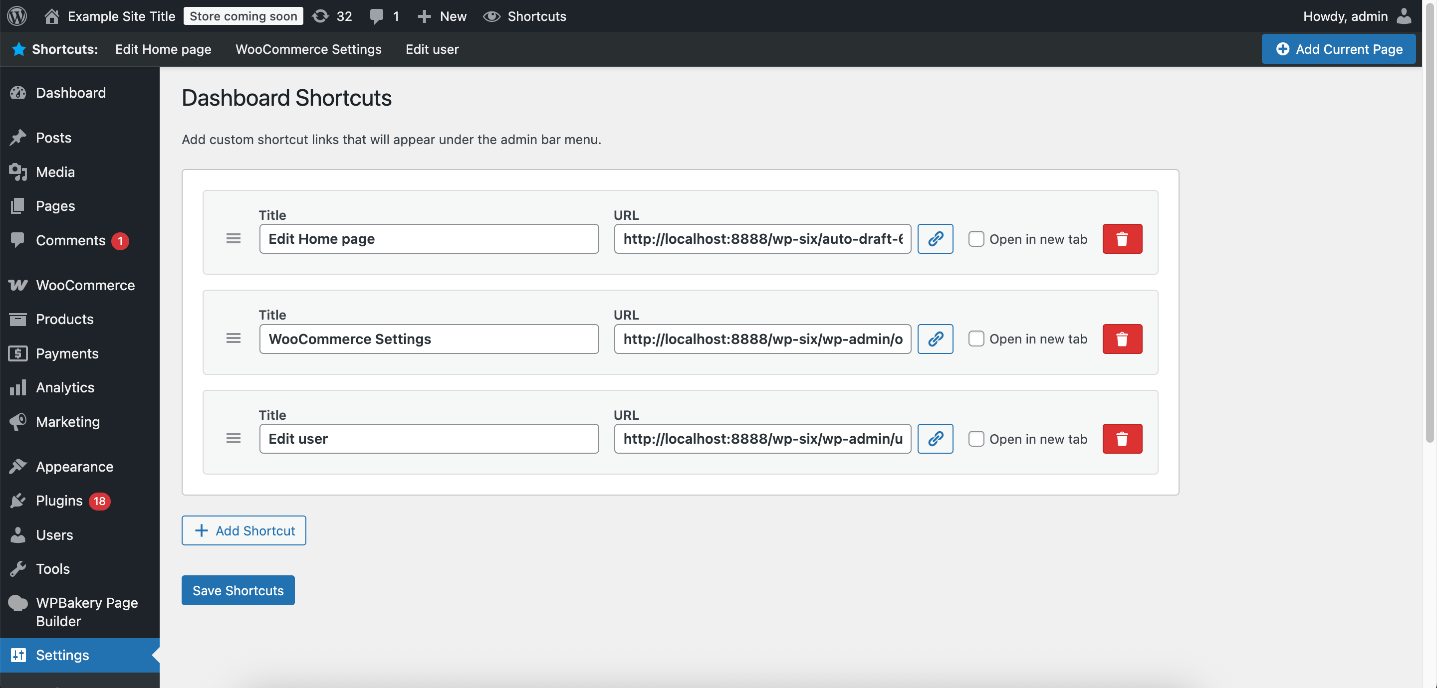 Settings page for managing shortcuts
