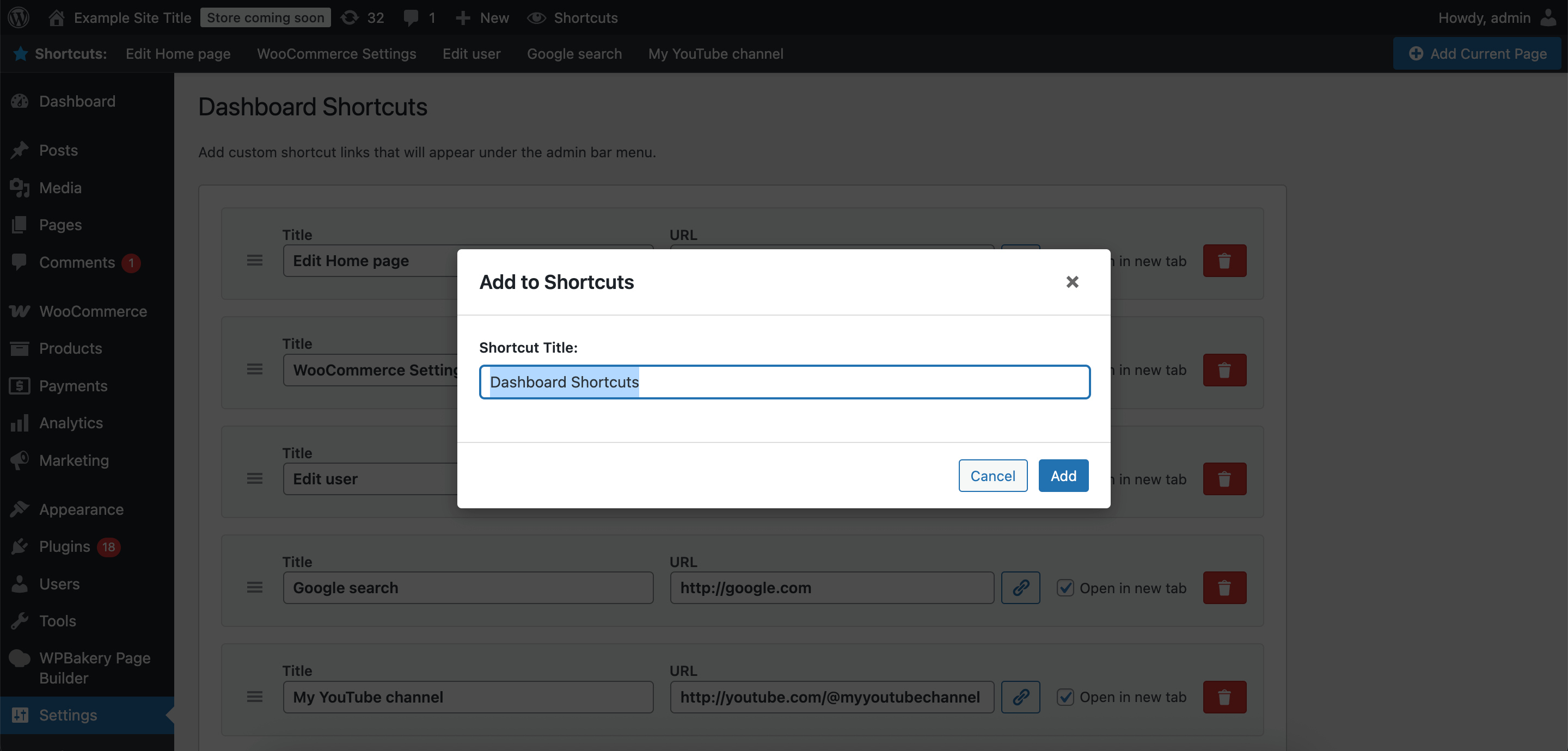 Add new shortcut interface