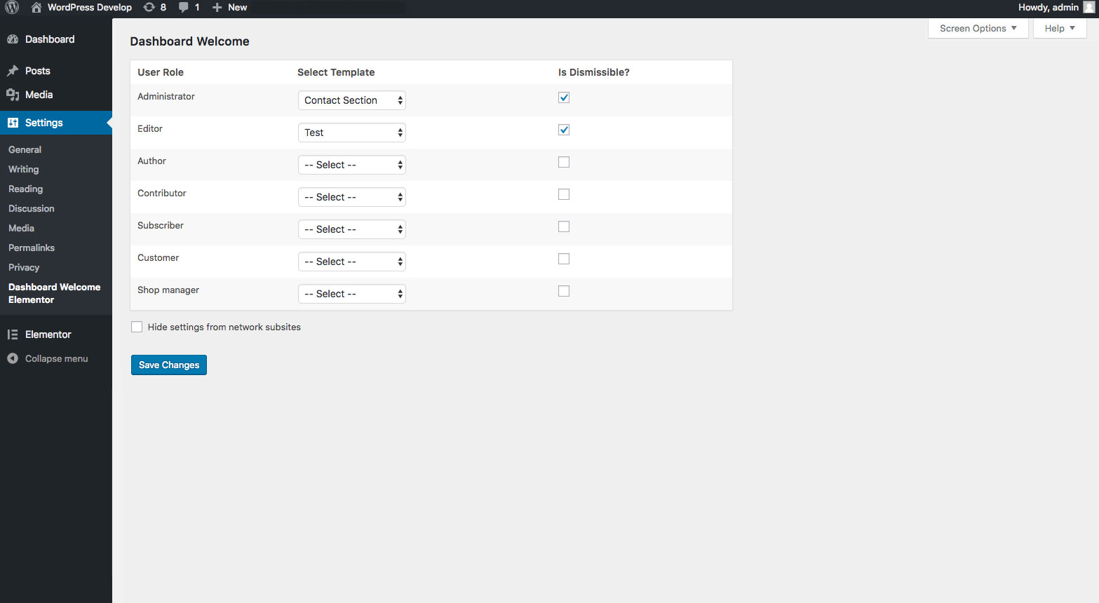 Plugin settings - Dashboard Welcome settings