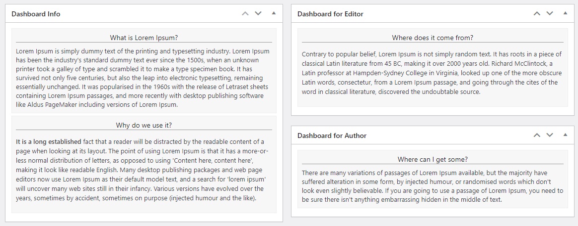 Dashboard with three sidebars - for every users and only for editors and authors.