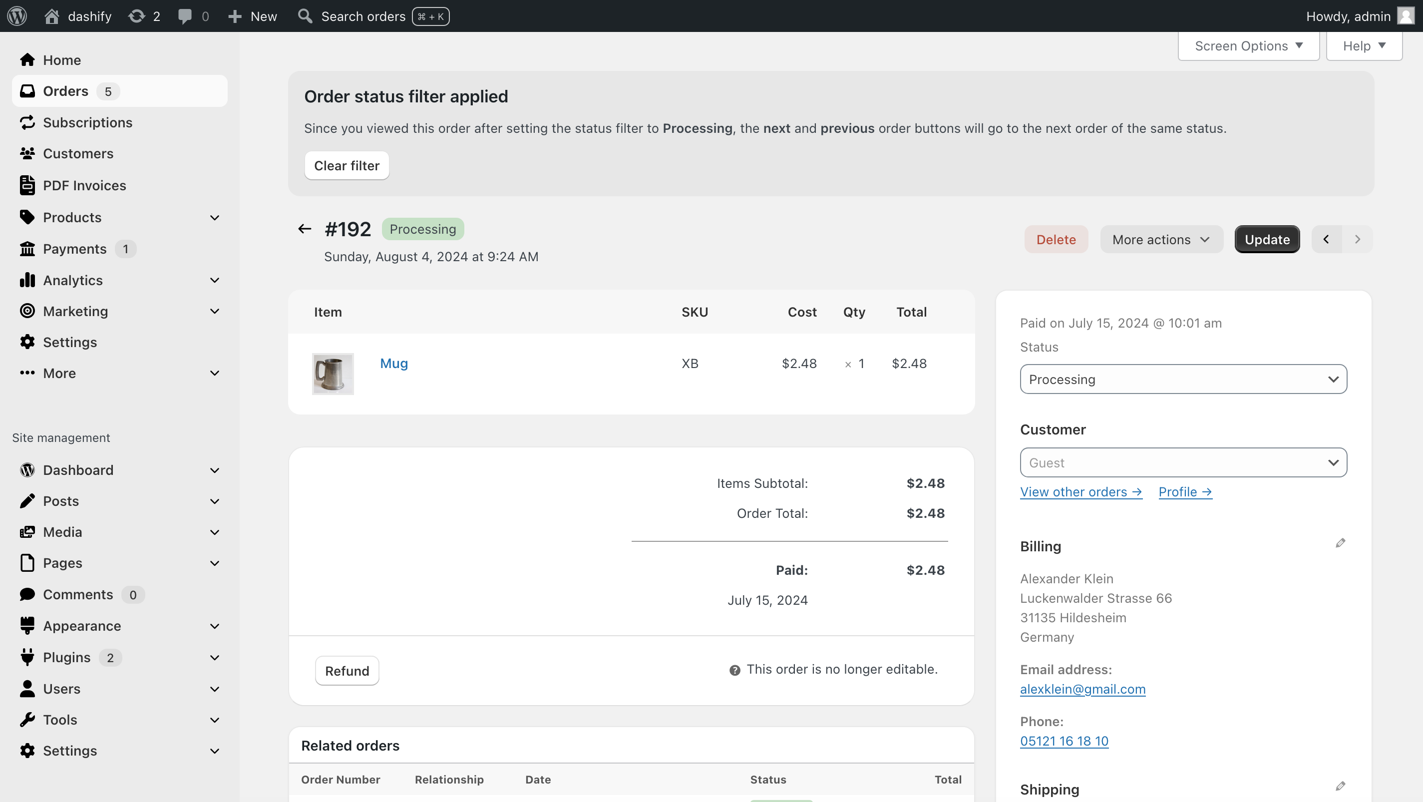 Without Dashify, the order list search and filters are spread out among other elements above the list, making it confusing. With Dashify, they’re grouped together behind a single button that reveals them when you want to find orders.