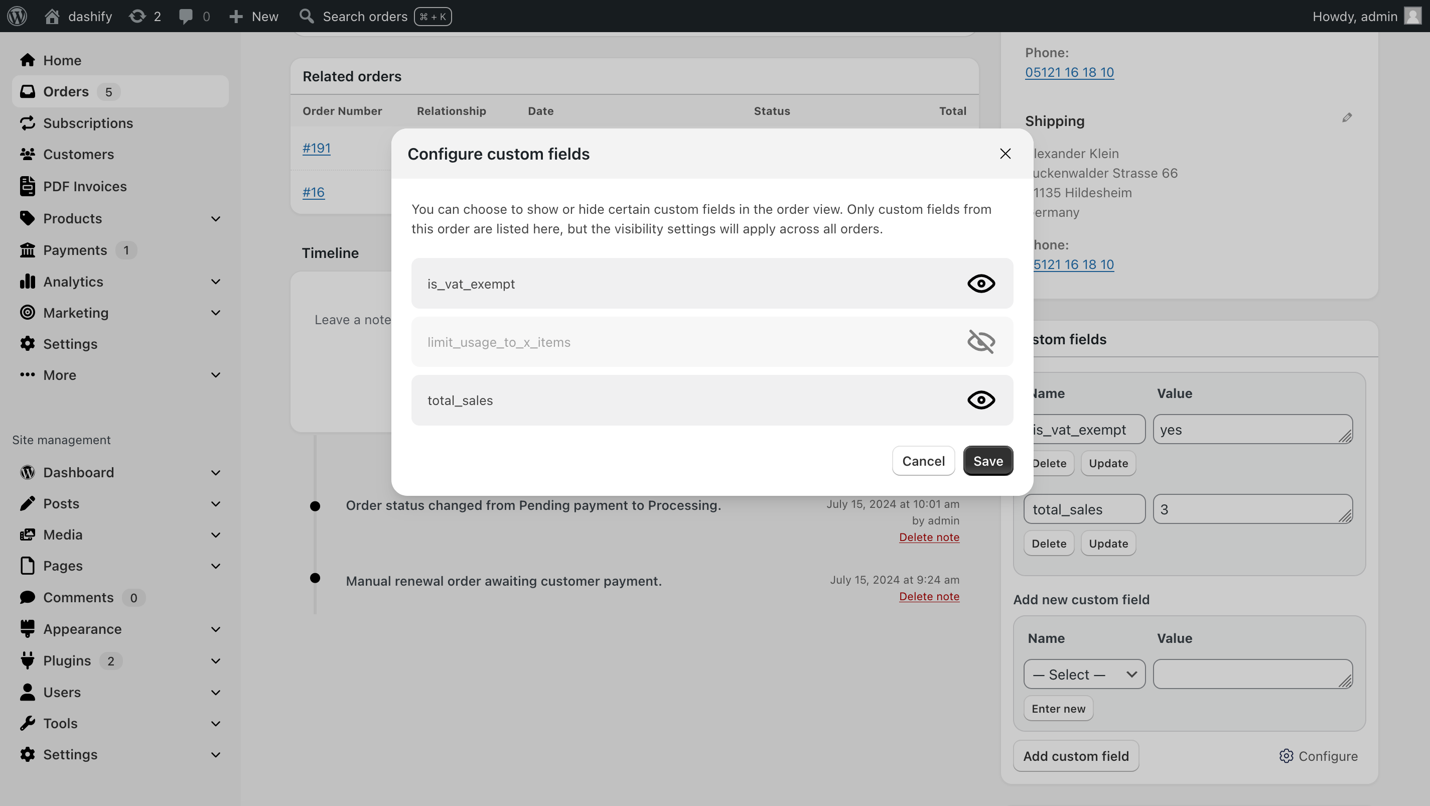 Dashify Pro: WooCommerce settings with the Dashify theme.
