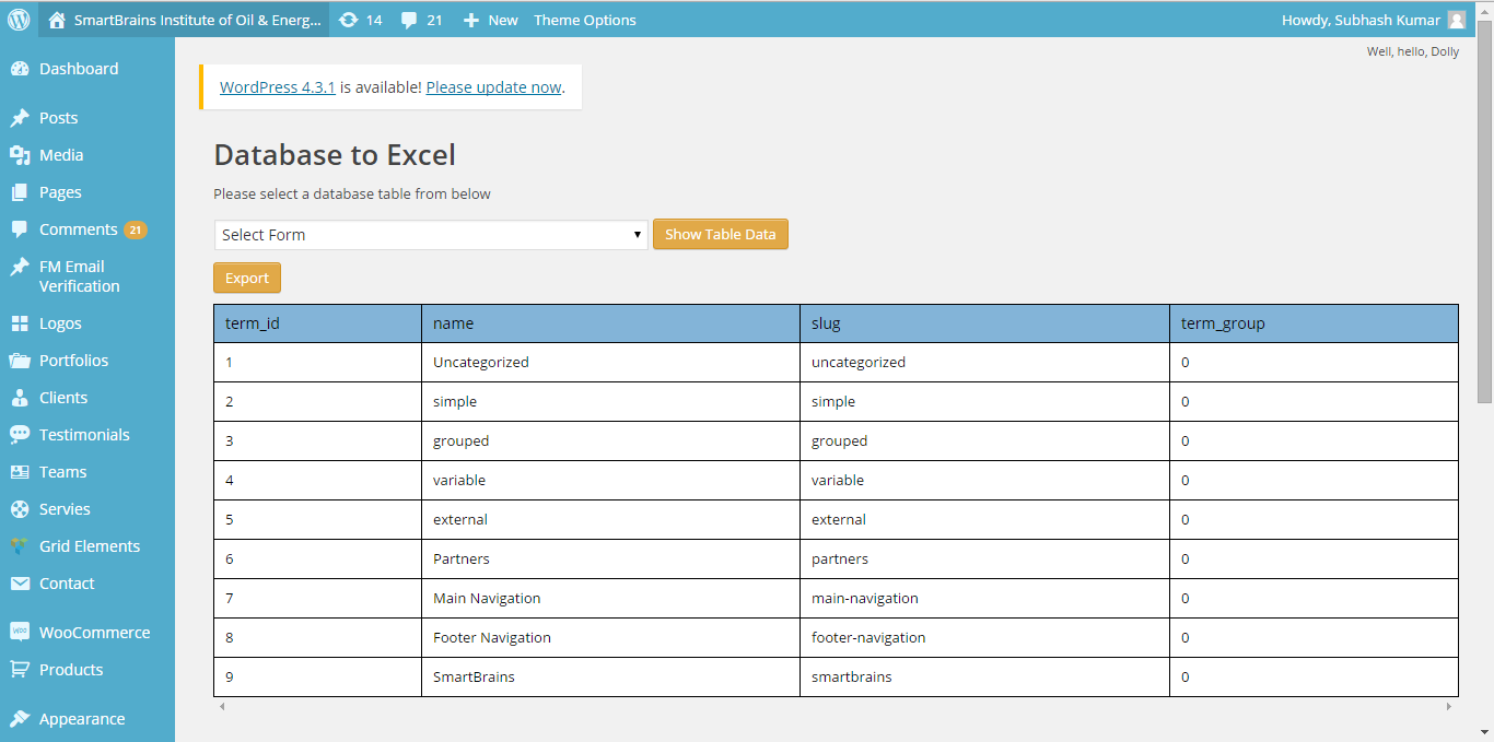 Database table displayed in Admin Panel.