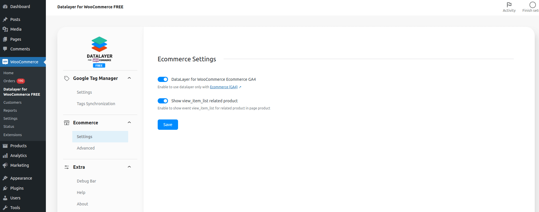 Ecommerce Settings screen plugin.