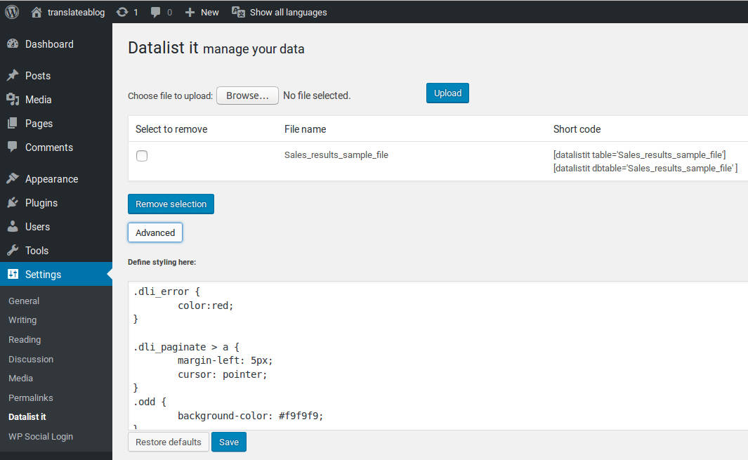 "Datalist it" menu screen