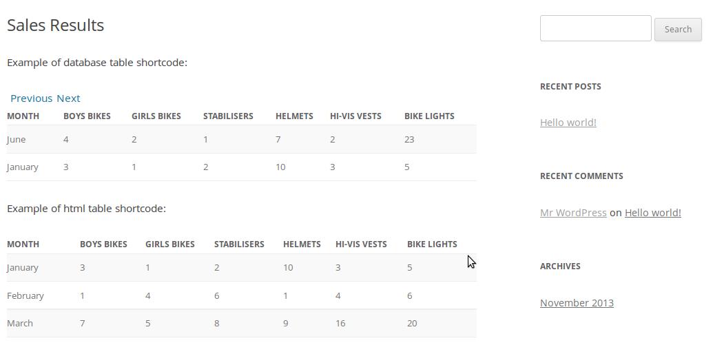 example of a table as seen by a user