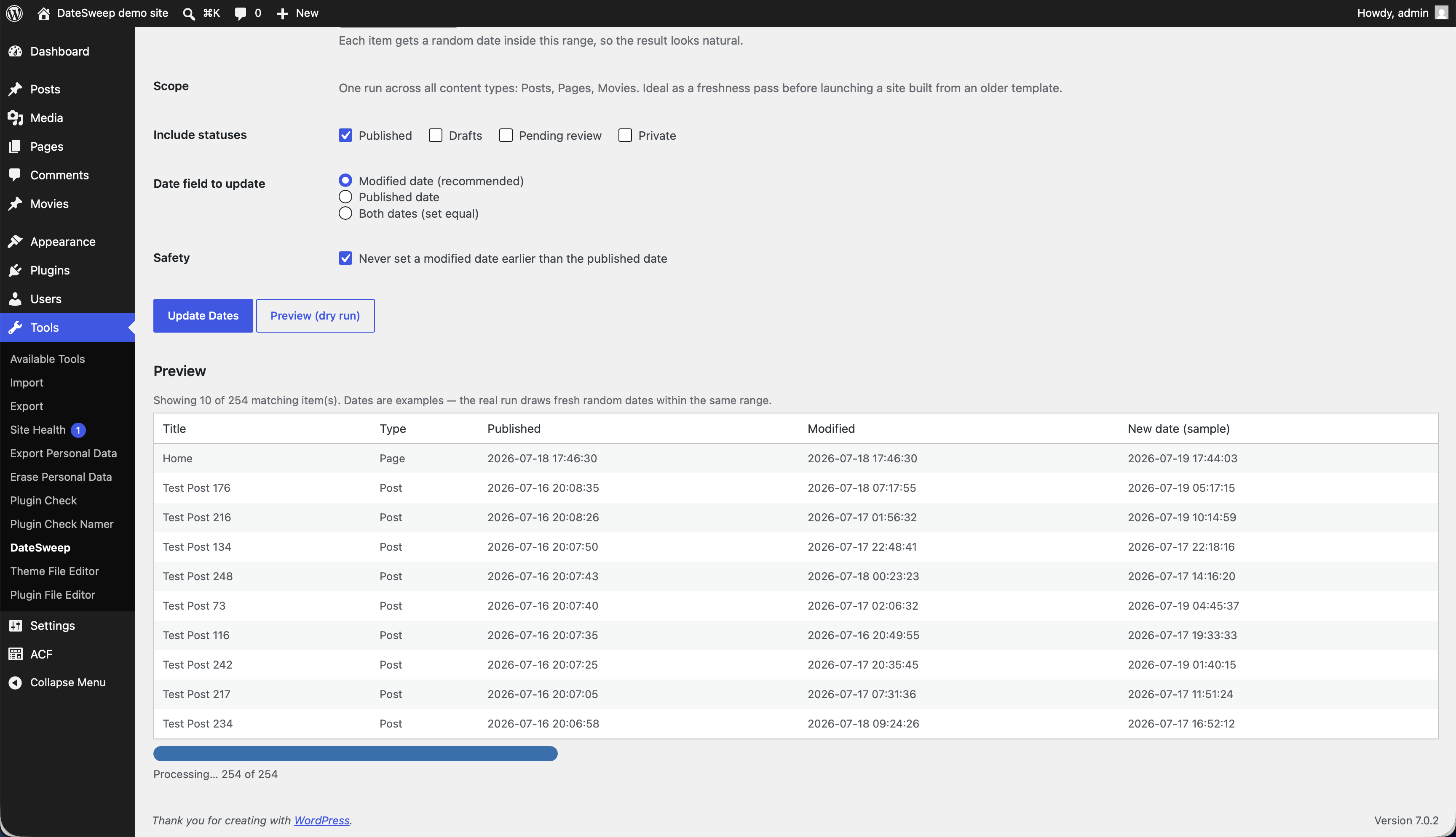 A run in progress — batched processing with a live progress bar.