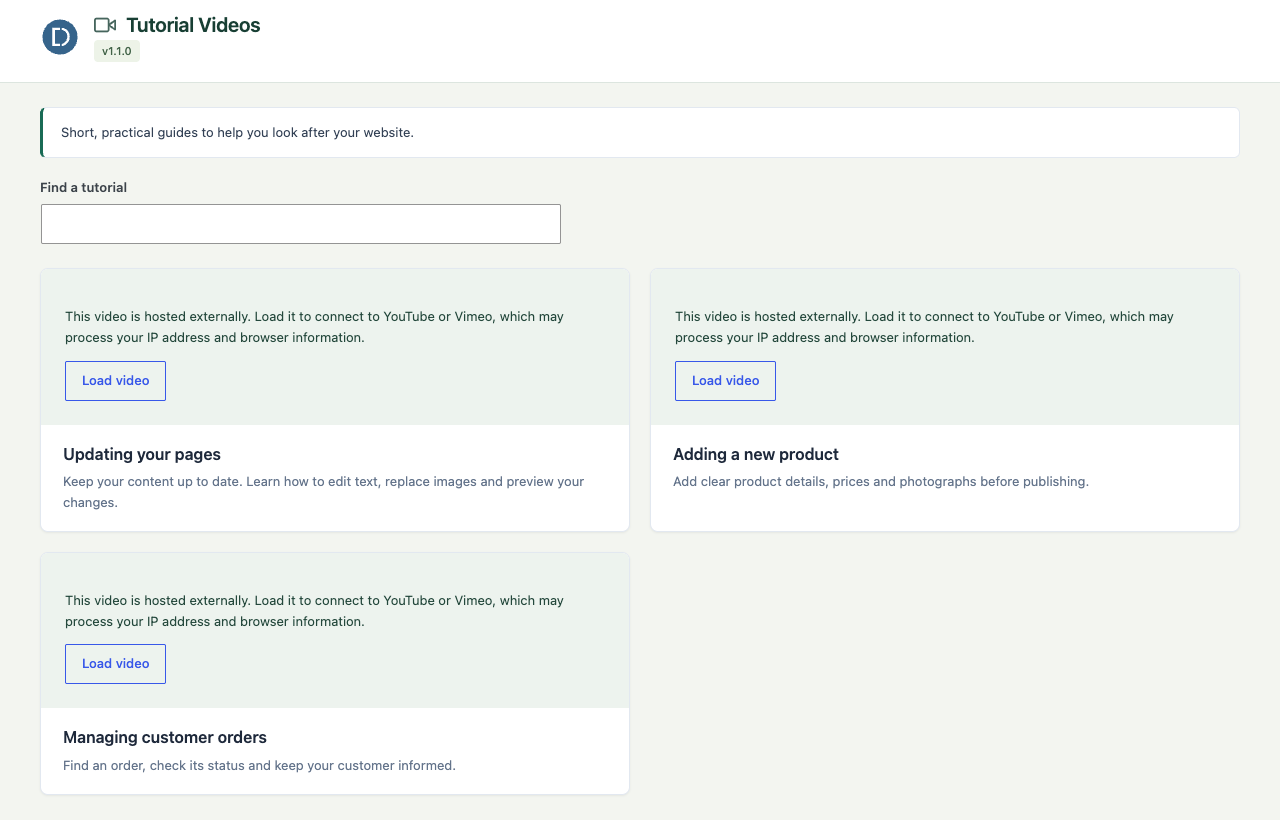 Searchable tutorial library with click-to-load external videos.