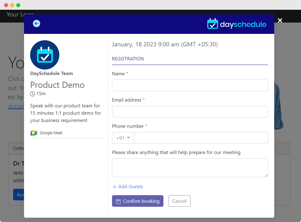 Dynamic registration form and questionnaire specified on the event settings