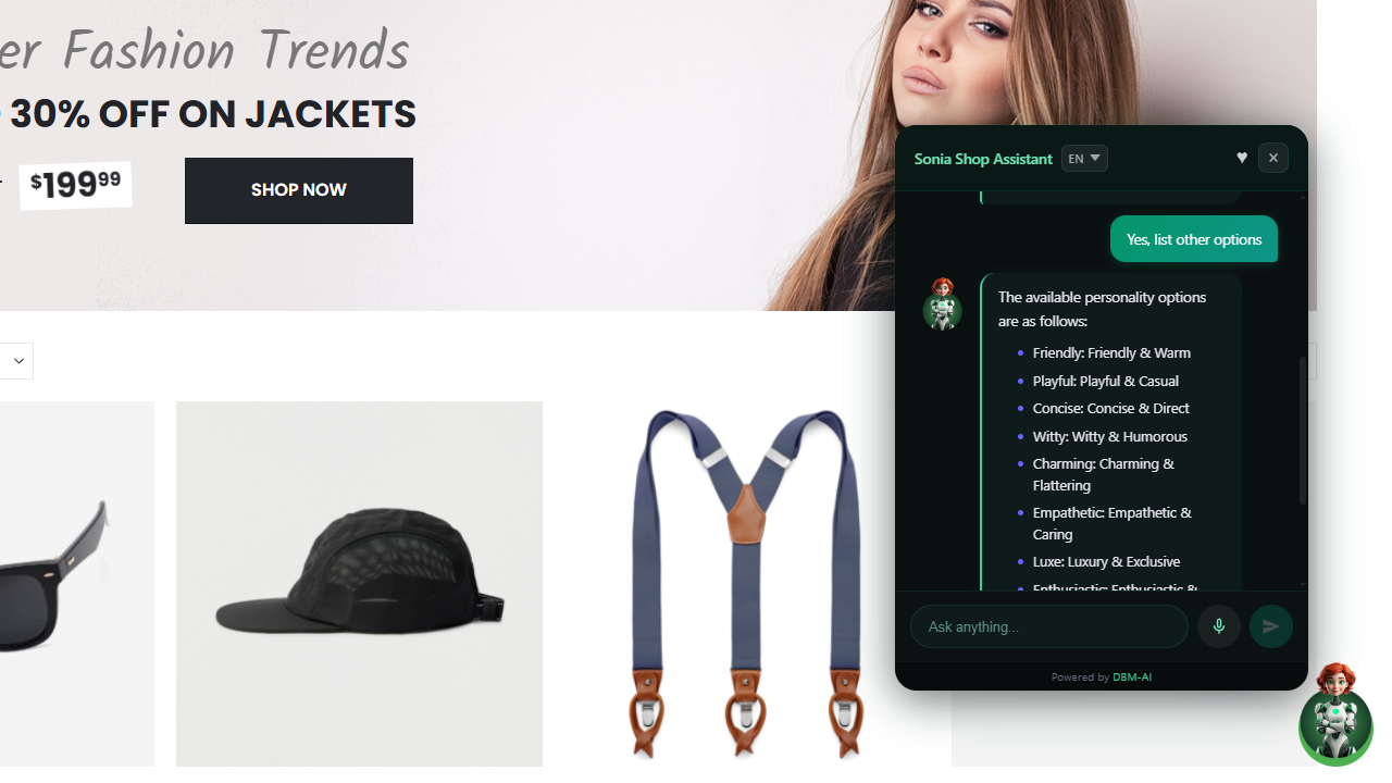 Shop Assistant personality — configure Sonia's tone, traits, and language