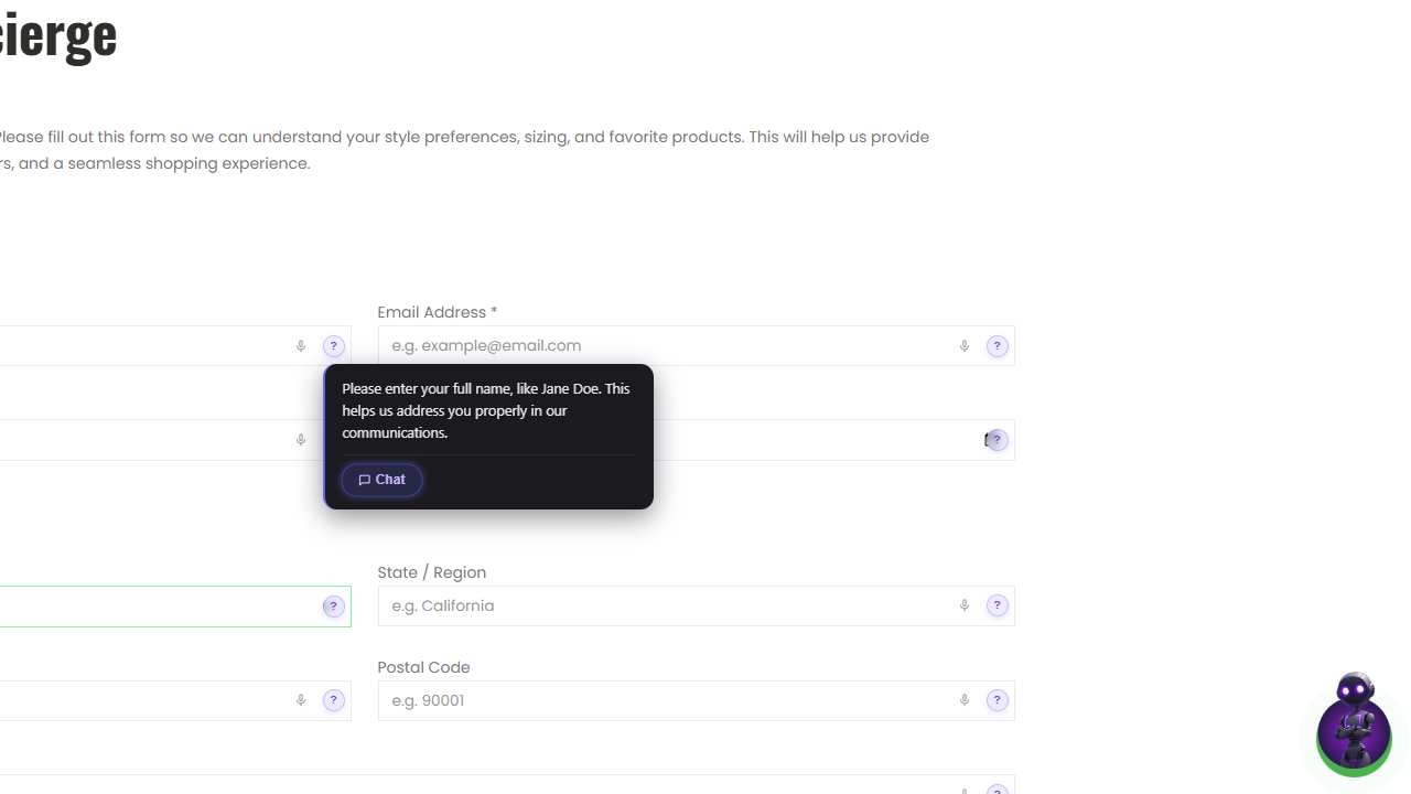 Form completion assistant — per-field help with tooltips as the visitor fills a form