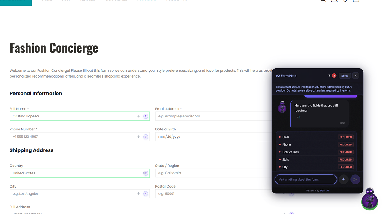 Form with chat widget — Sonia answers questions while the visitor completes the form