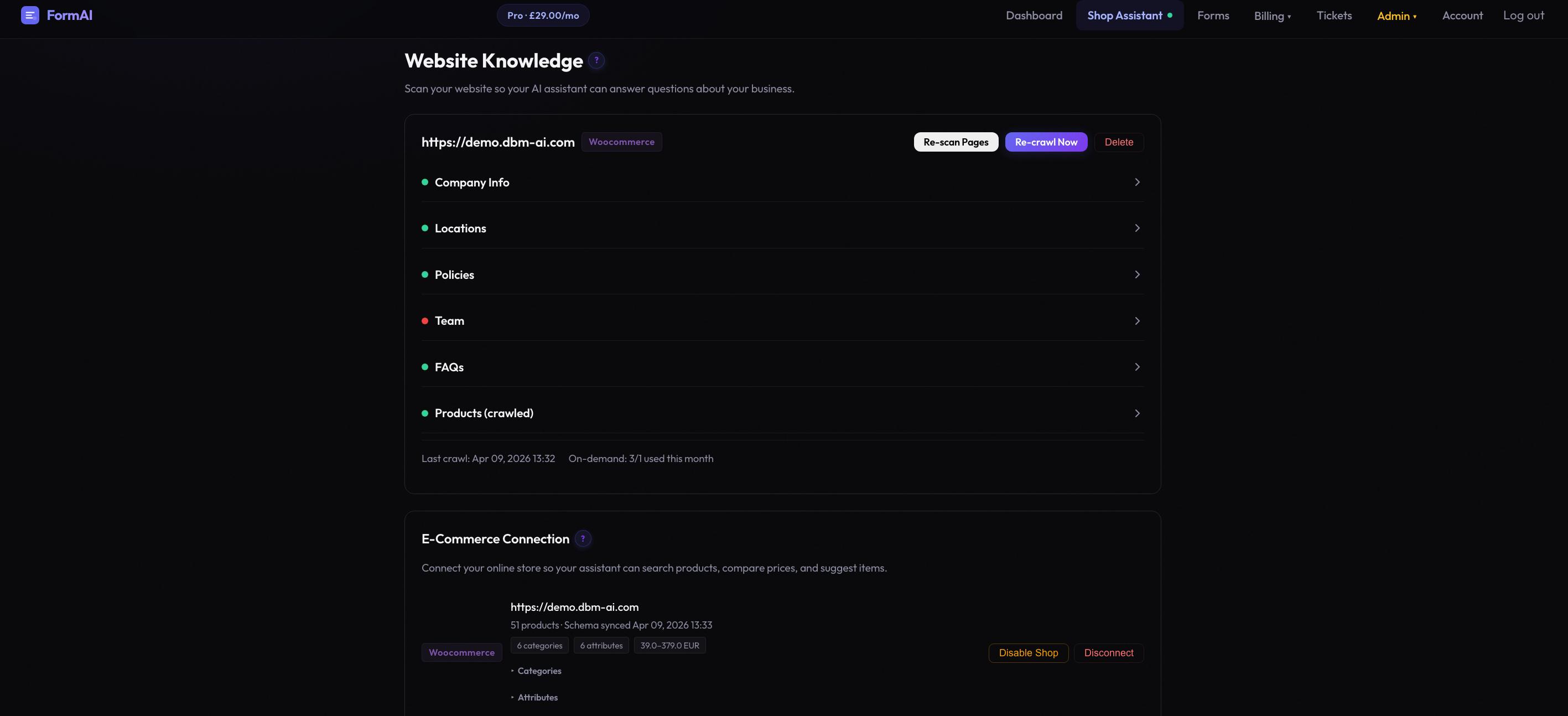 Website Knowledge & E-Commerce — crawled data, WooCommerce connection, and business details