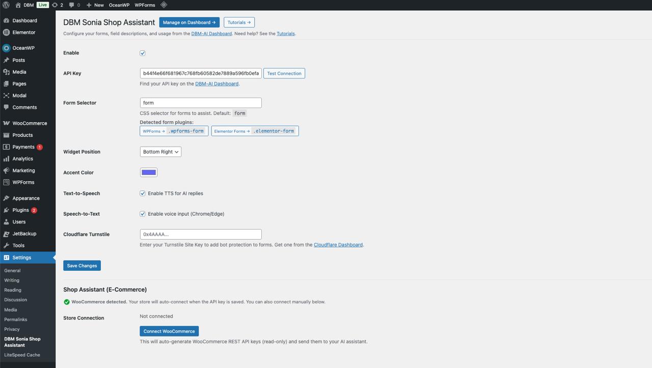 WordPress plugin settings — API key, form selector, and auto-detected WooCommerce