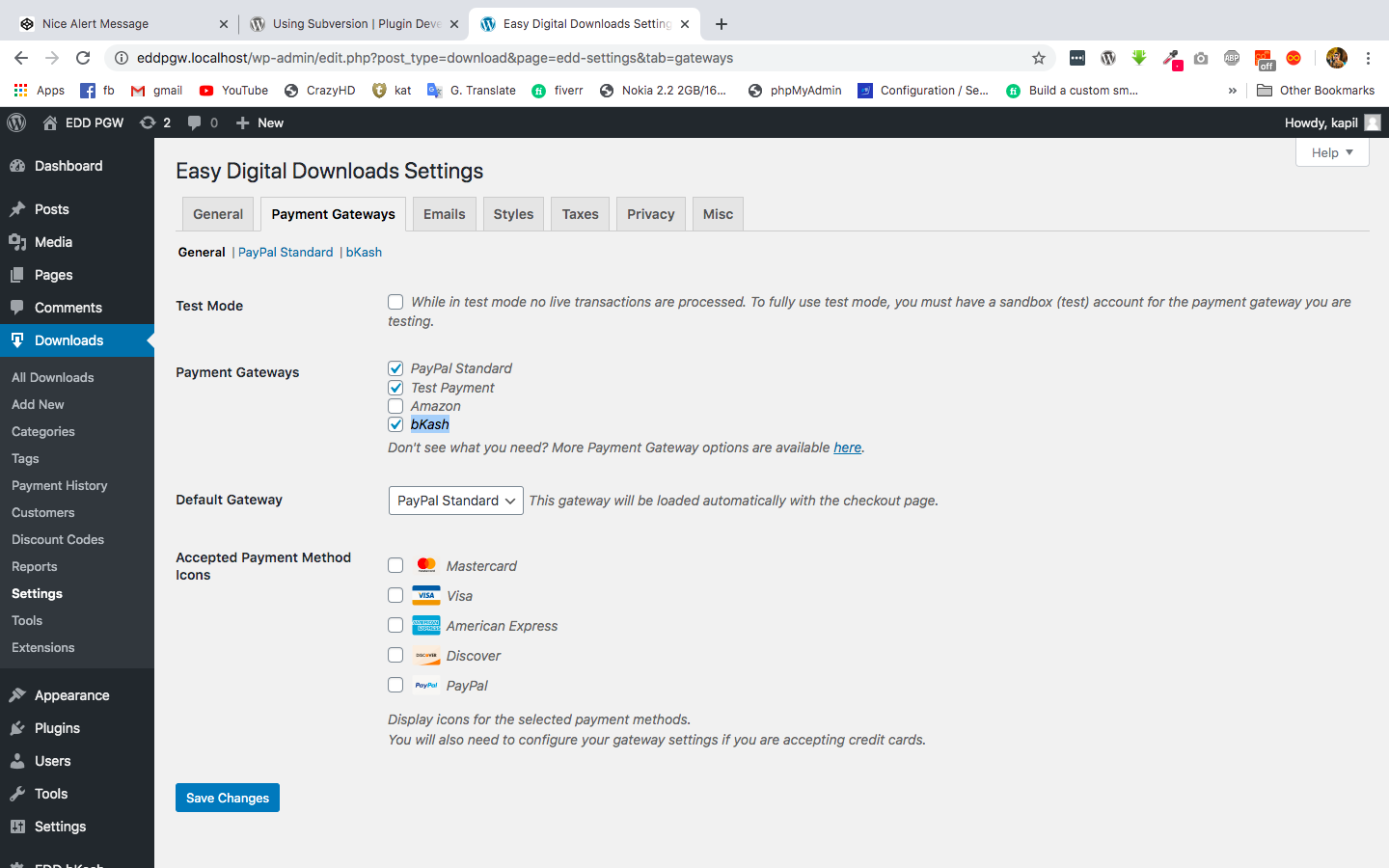 Admin panel payment methods list