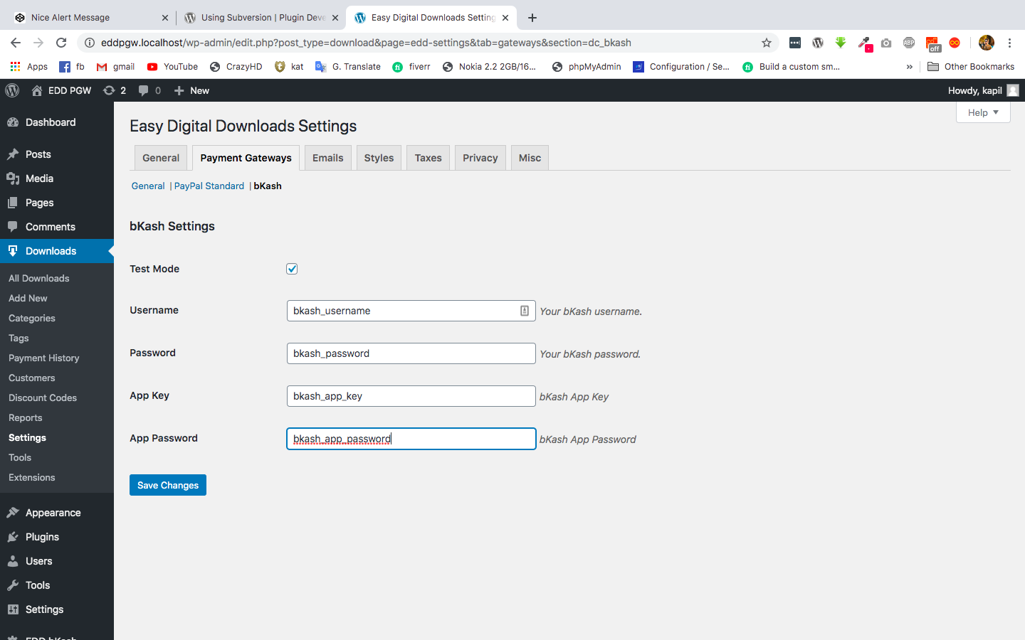 Admin panel bKash payment method settings