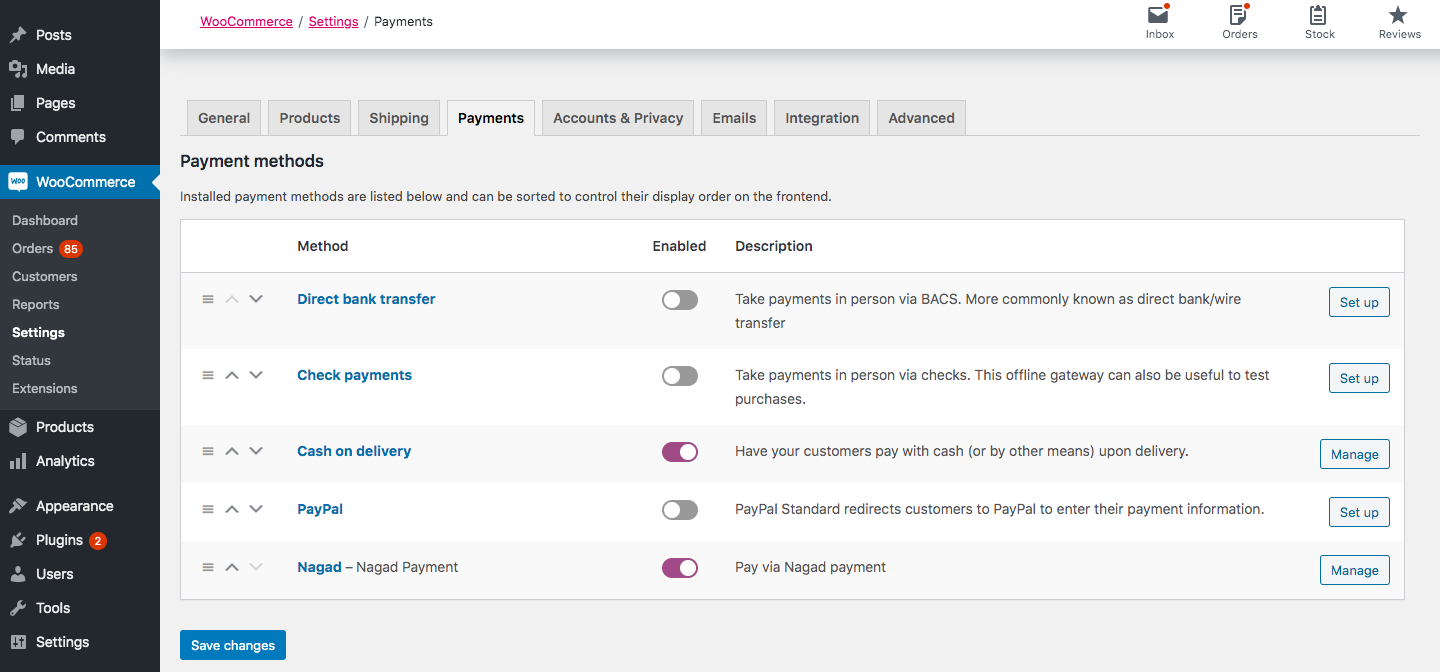 Admin panel payment methods list
