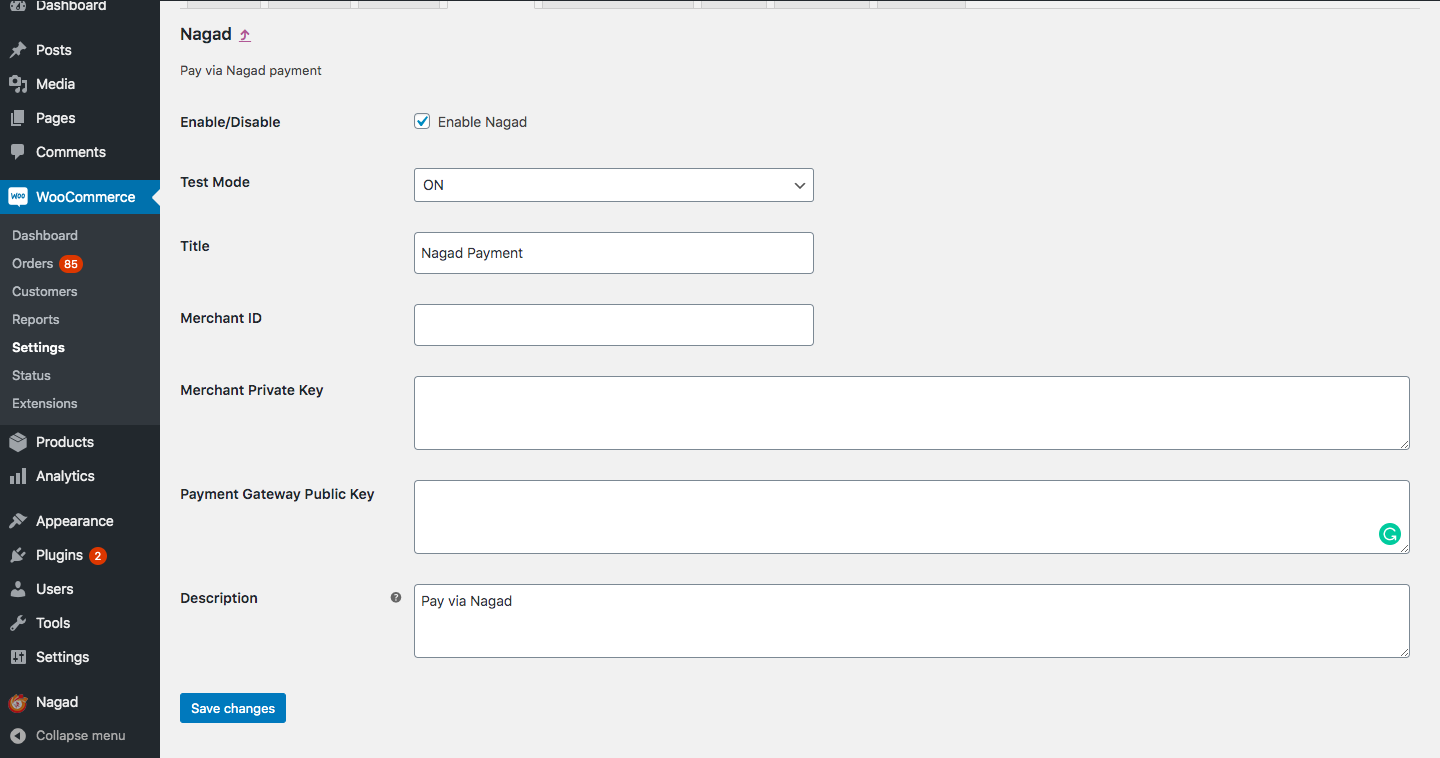 Admin panel Nagad payment method settings