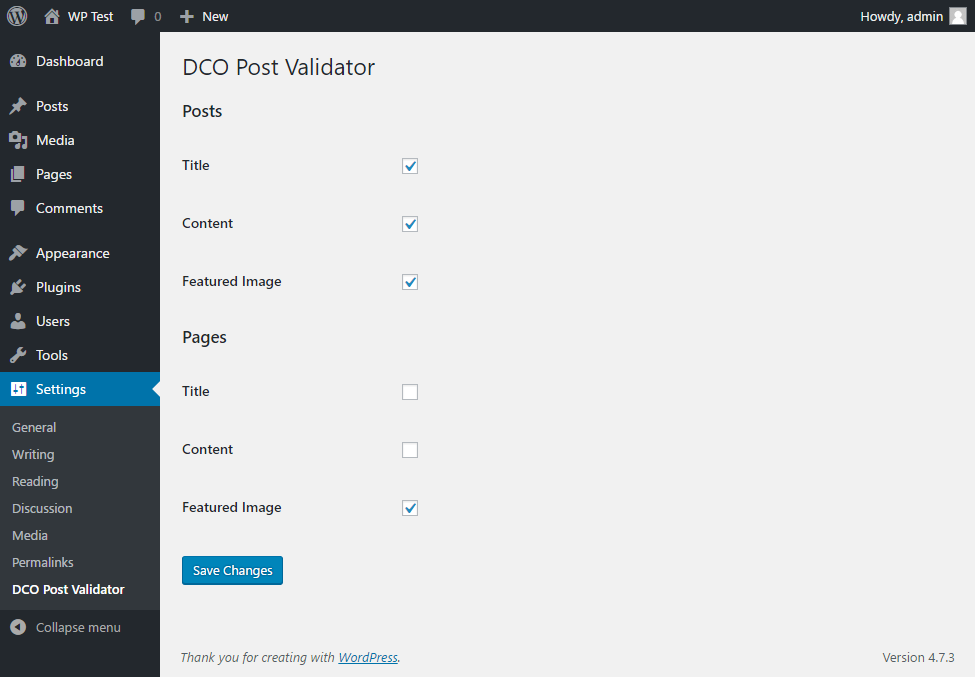 Settings page