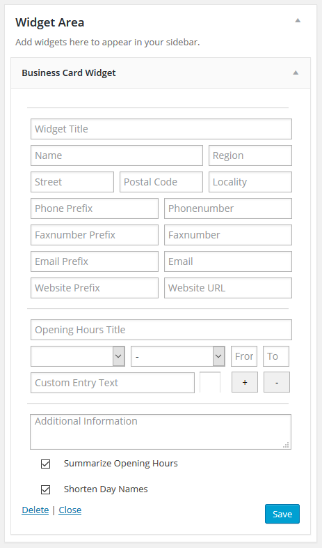 BusinessCardWidget admin screen. All fields are optional and not mandatory. Check the description for more informations.