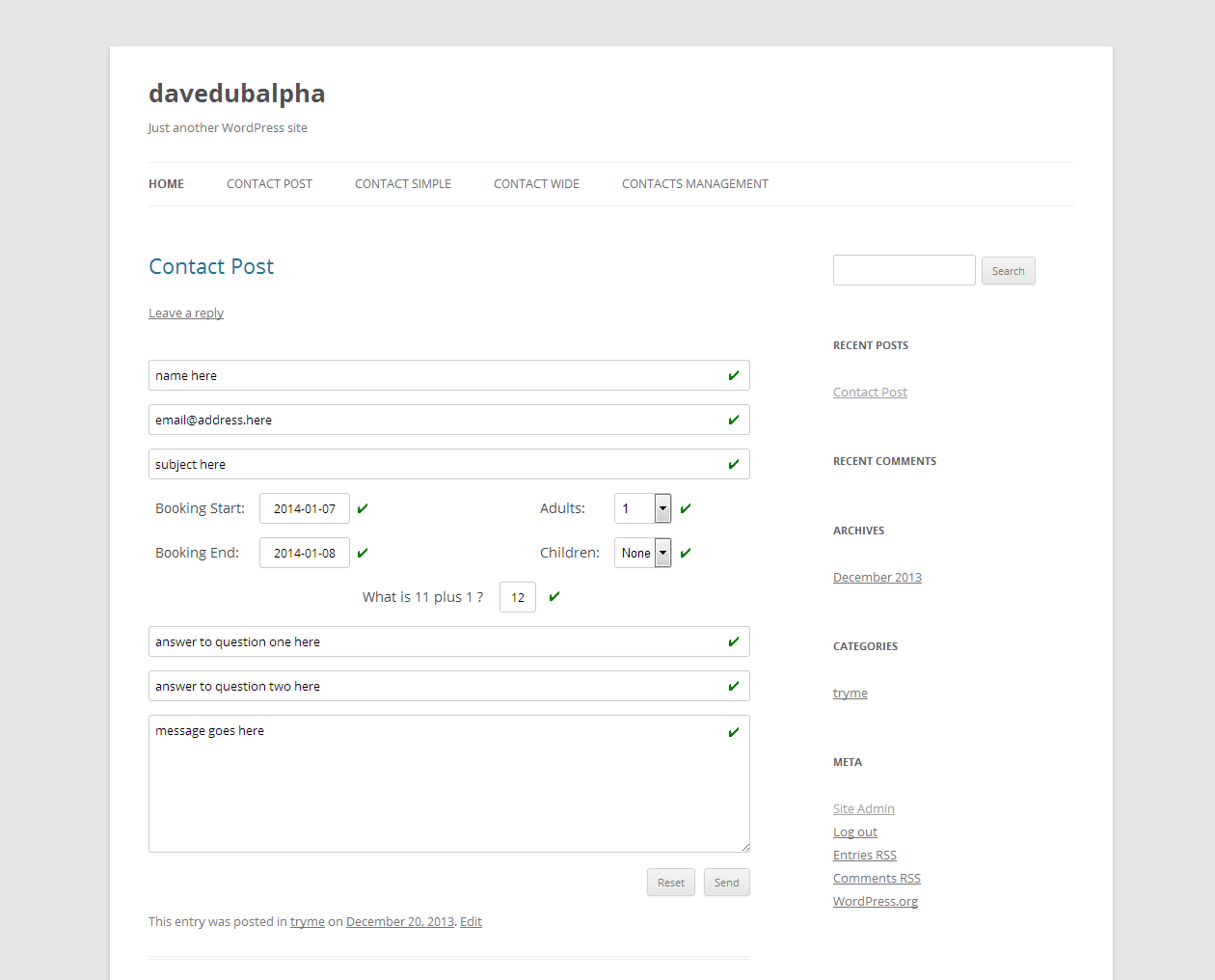 DD Contact Form on the 2014 theme with all extra fields enabled