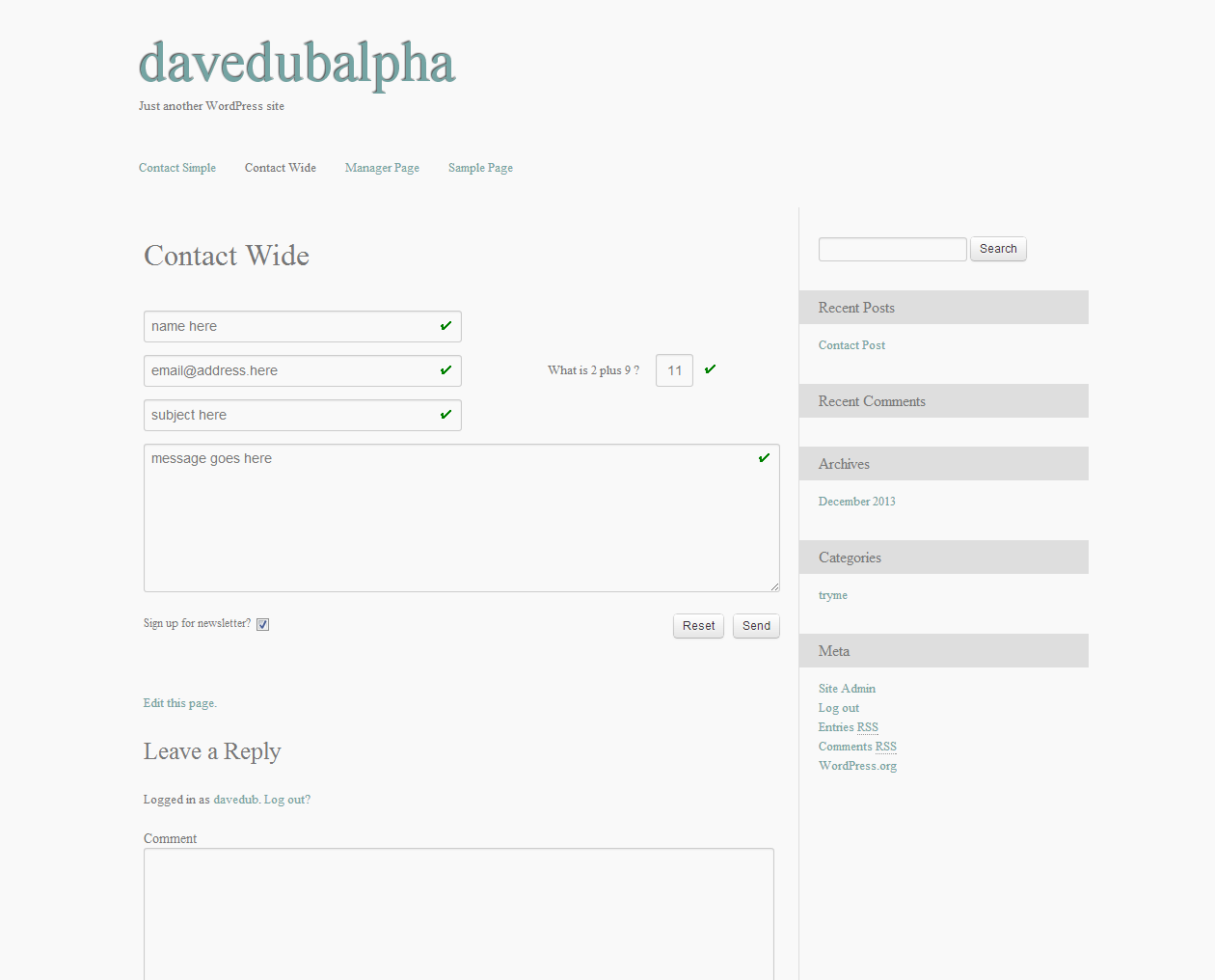 DD Contact Form on the 2012 theme with only simple captcha enabled