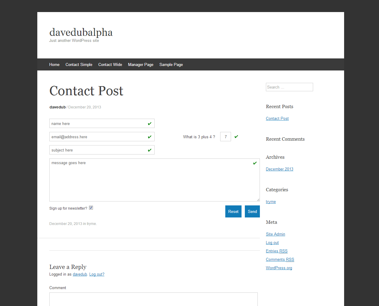 DD Contact Form on the X2 theme with only simple captcha enabled