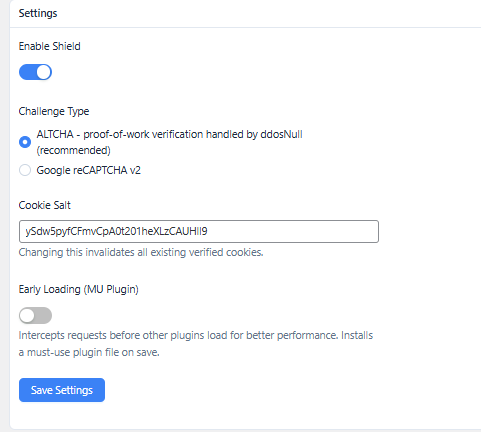 Settings panel with shield toggle, challenge type selector, and early loading option.