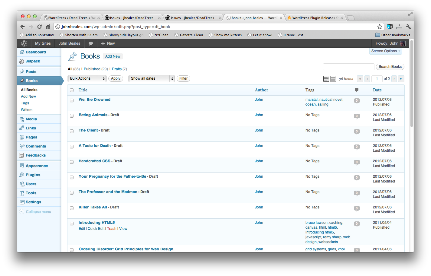 The main Books page in the WordPress admin