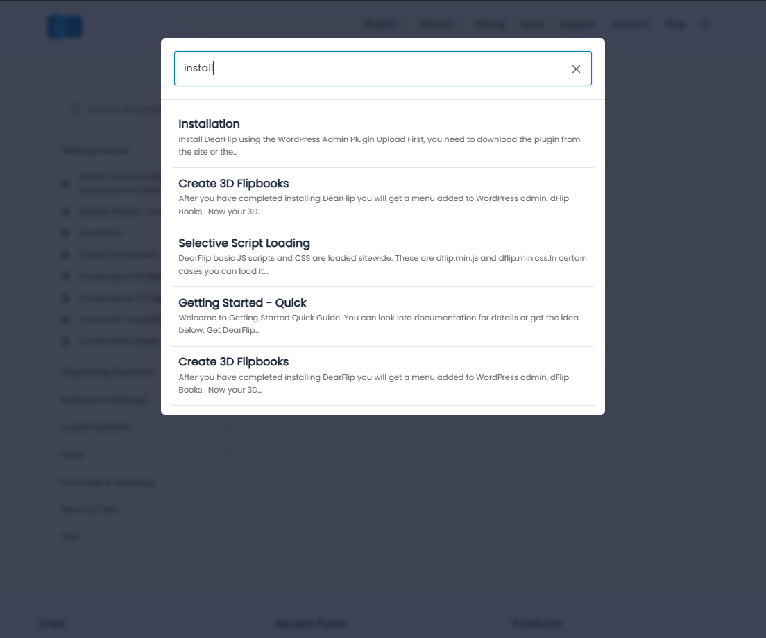 Documentation search results