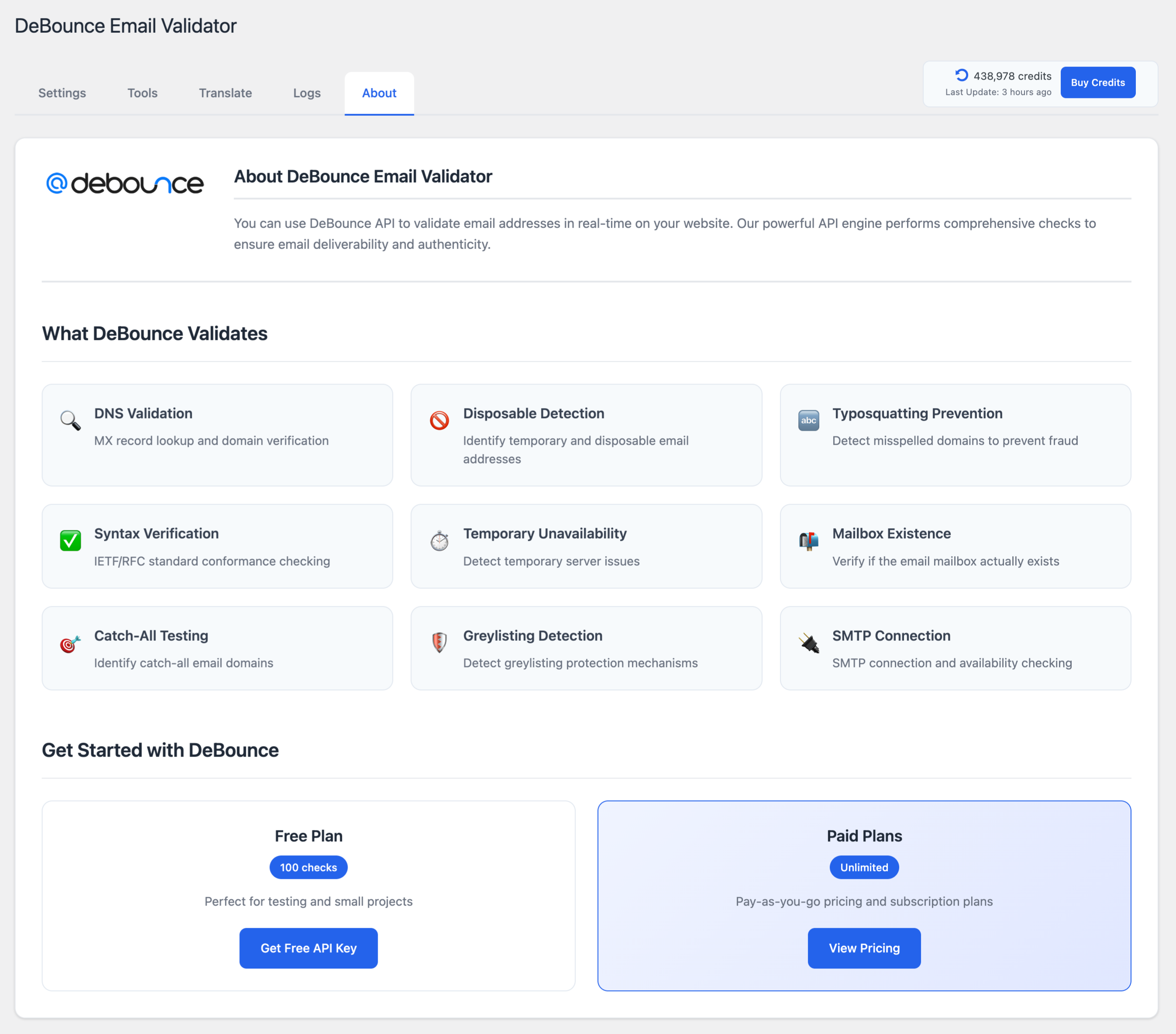 **About Tab** – Learn about DeBounce features and pricing