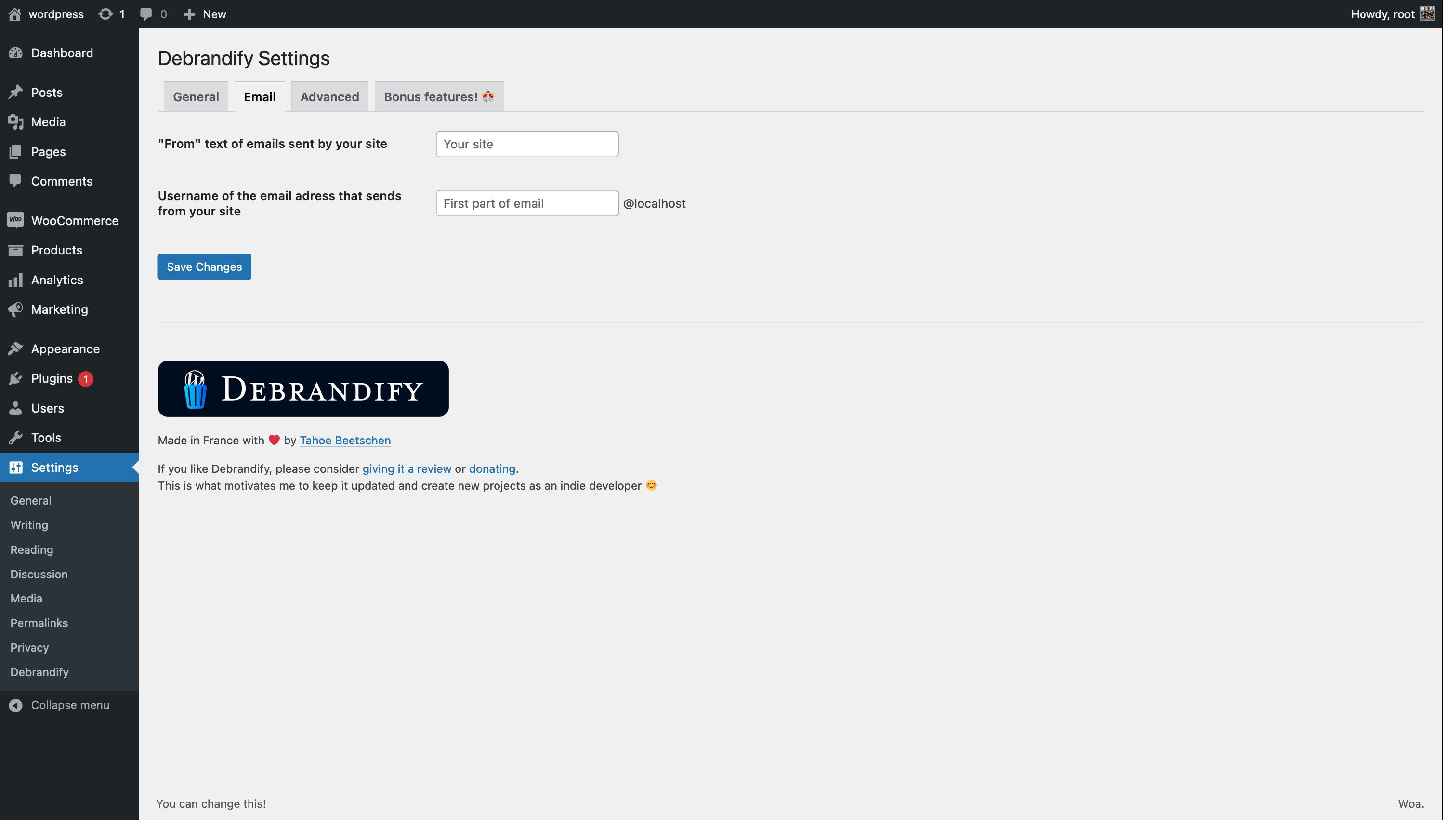 Debrandify's email settings