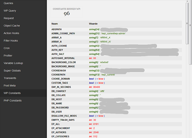 Debug Bar displaying WP Constants