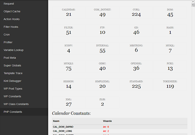 Debug Bar displaying PHP Constants