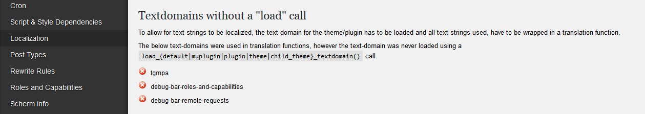 Debug Bar Localization displaying textdomains without a 'load call'.