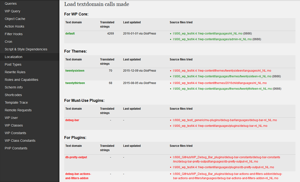 Debug Bar Localization displaying the load textdomain calls made.