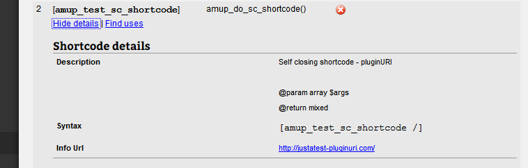 Debug  Bar Shortcodes - Example of detailed information about a shortcode based on information retrieved from the shortcode documentation