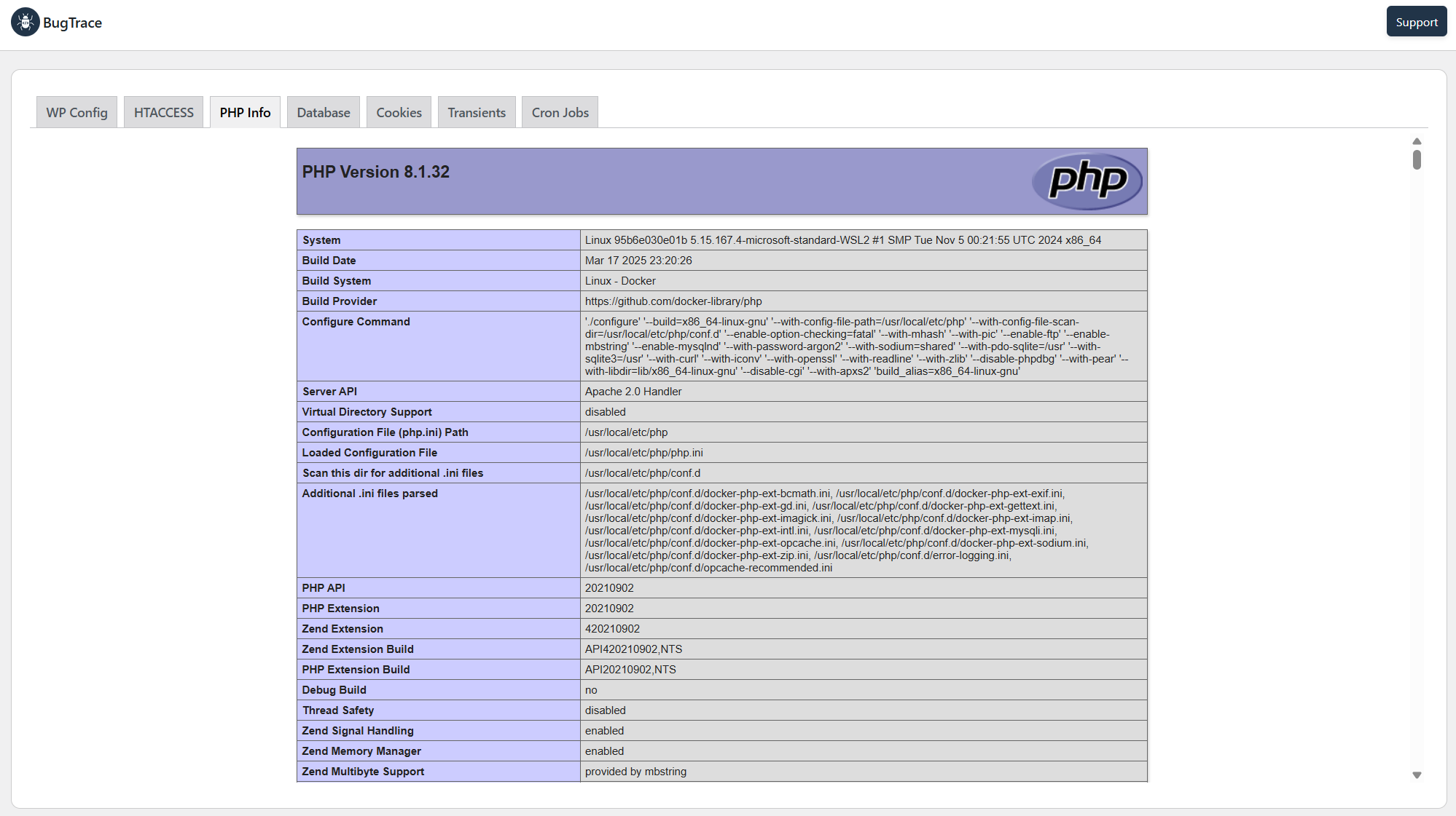 Comprehensive PHP Information (phpinfo()) at Your Fingertips with BugTrace.