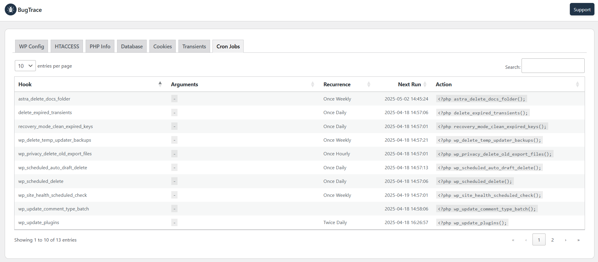 Overview of Scheduled WordPress Cron Jobs within the BugTrace Tool.