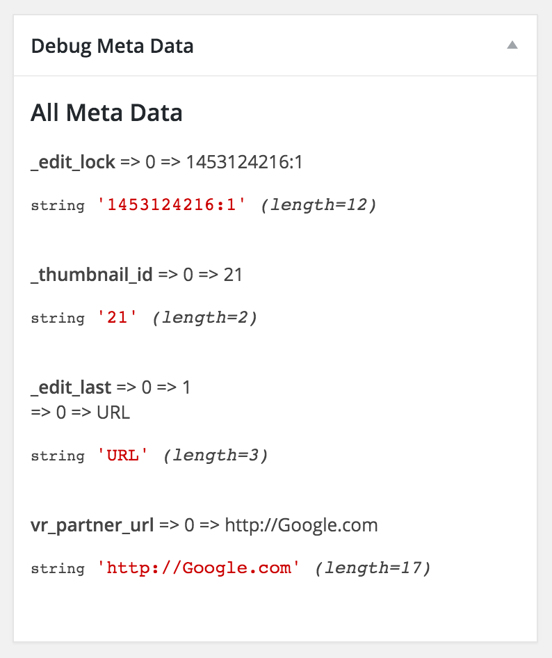 An example of the custom debug meta box with all the meta data that will display for all the post types.