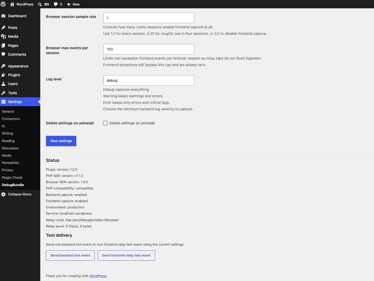 The status and test delivery section with SDK versions, relay details, spool size, and backend/frontend test buttons.
