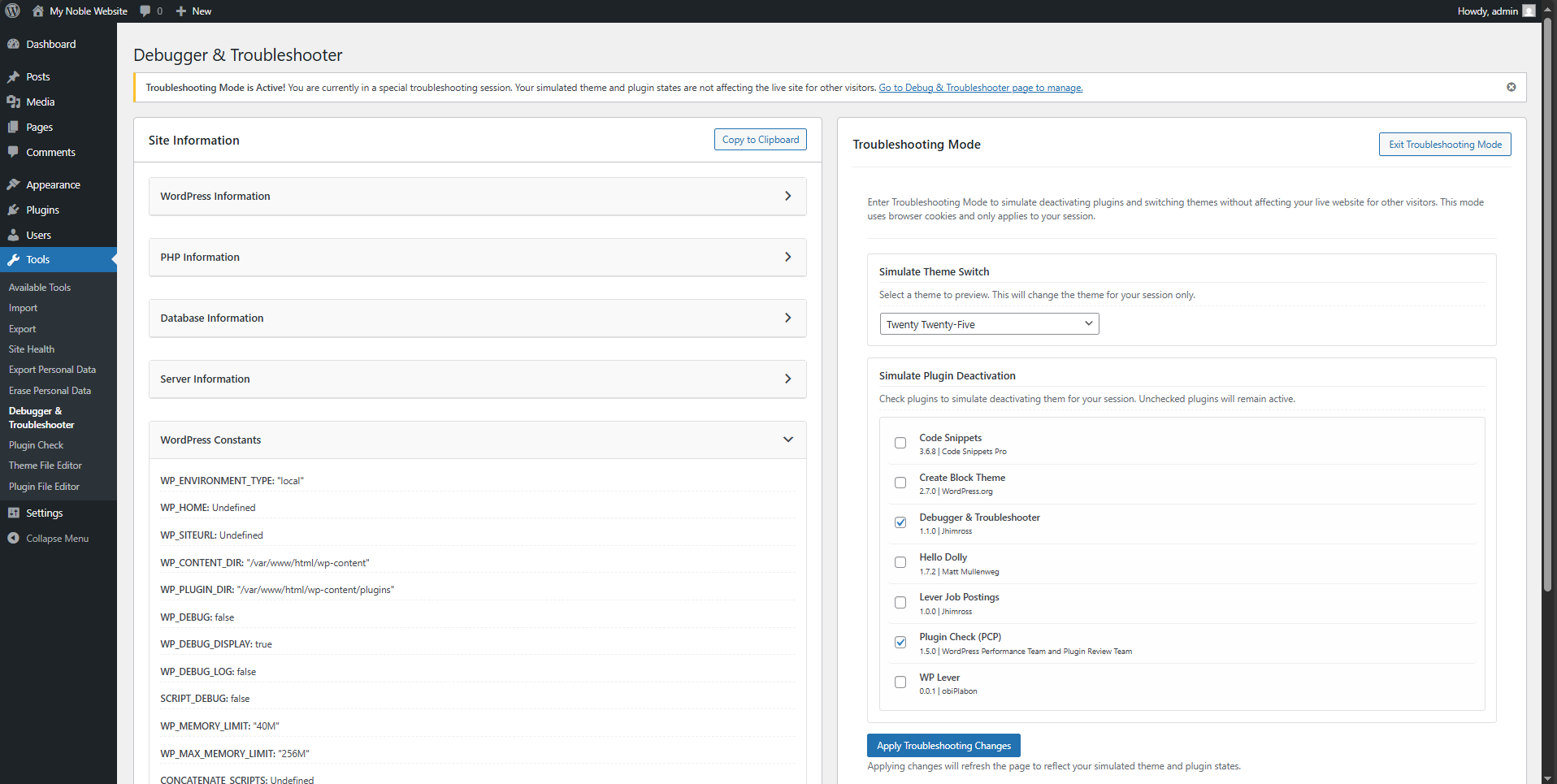 Screenshot 2: The Troubleshooting Mode section with theme and plugin selection.