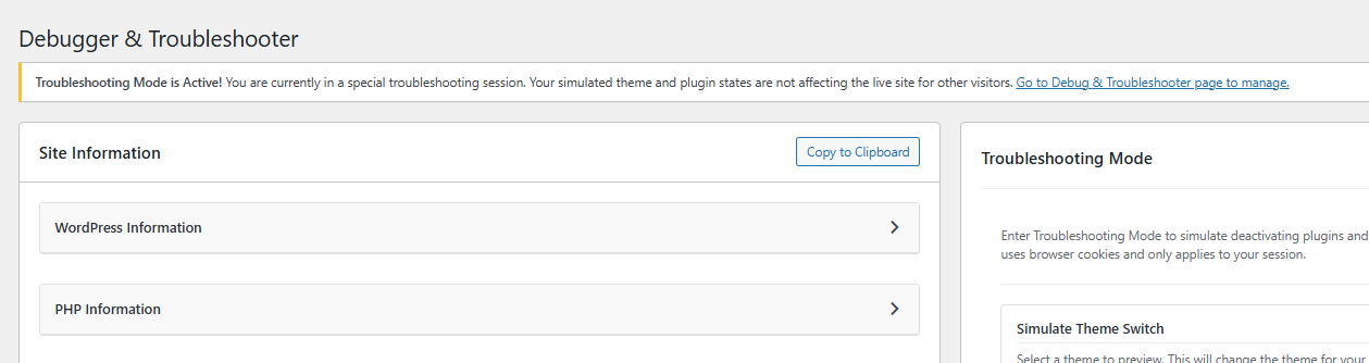 Screenshot 3: An example of the admin notice when Troubleshooting Mode is active.