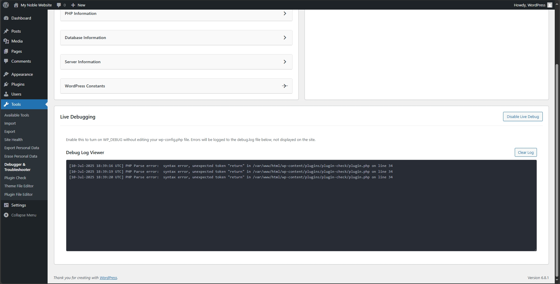 The Live Debugging section with the log viewer.