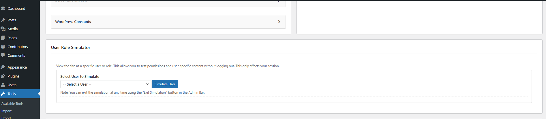 The User Role Simulator feature to switch to other user.